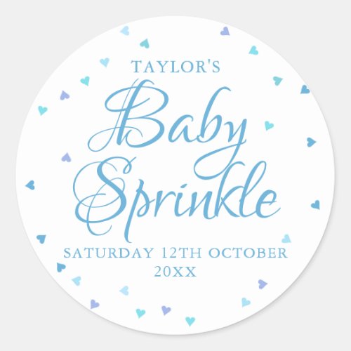 Blue hearts baby sprinkle classic round sticker