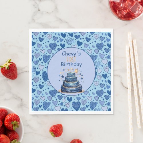 Blue Hearts Blue Birthday Cake First Birthday   Napkins
