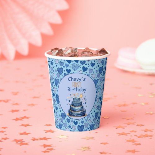 Blue Hearts Blue Birthday Cake First Birthday   Paper Cups