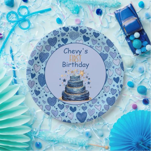 Blue Hearts Blue Birthday Cake First Birthday   Paper Plates