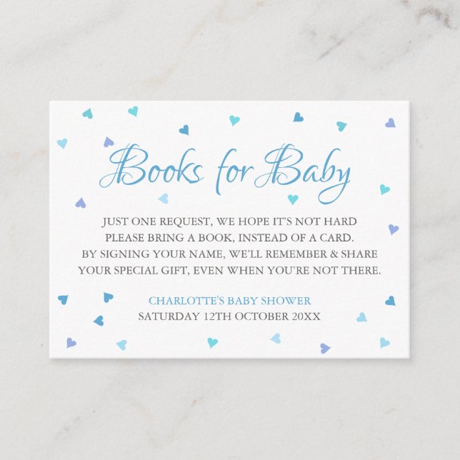 Blue Hearts Book Request Baby Shower Enclosure Card (Front)