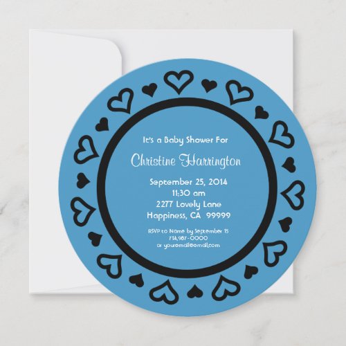Blue Hearts Boy Baby Shower Round Invite V09