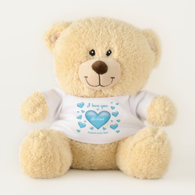 Blue Hearts & Custom I Love You Text With Any Name Teddy Bear (Front)