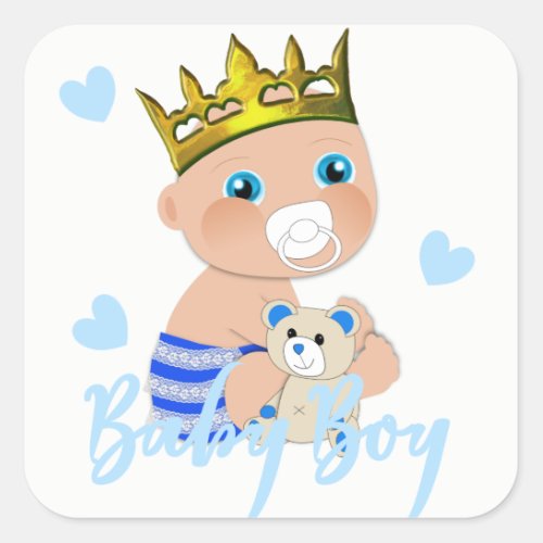 Blue Hearts Cute Baby Boy Prince Shower Square Sticker