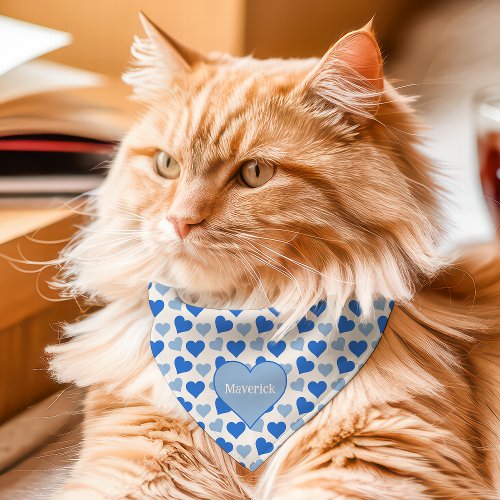 Blue Hearts Cute Custom Name Pet Bandana Collar