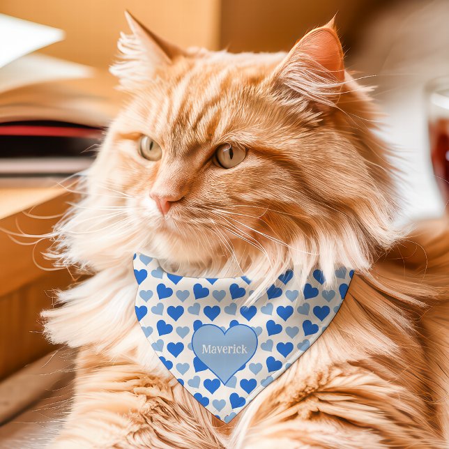 Blue Hearts Cute Custom Name Pet Bandana Collar (Creator Uploaded)