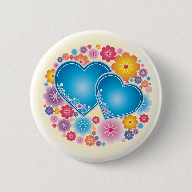 Blue Hearts Floral Pinback Button (Front)