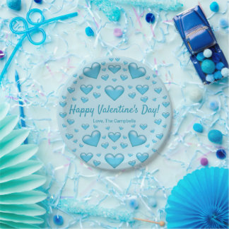 Blue Hearts Happy Valentine's Day &amp; Custom Text Paper Plates