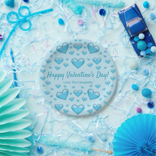 Blue Hearts Happy Valentine's Day & Custom Text Paper Plates (Party)