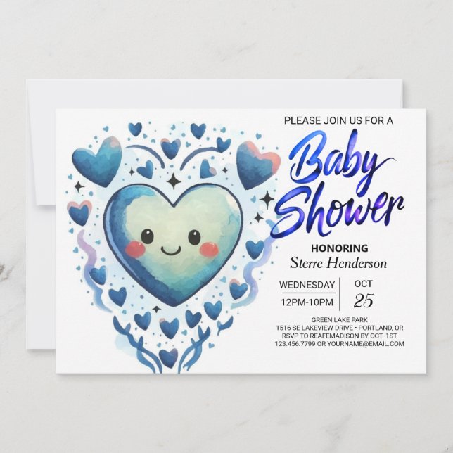 Blue Hearts Little Cutie Elegant Boy Baby Shower Invitation (Front)