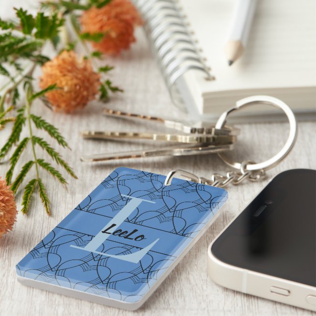 Blue Hearts Monogram and Name with Email Keychain (Front Right)