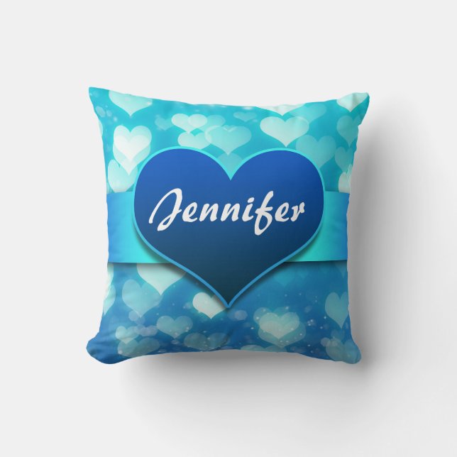 blue hearts name throw pillow (Front)