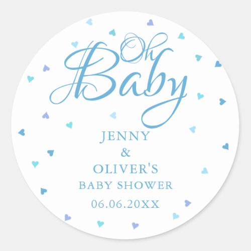 Blue Hearts Oh Baby Couples Baby Boy Shower Classic Round Sticker