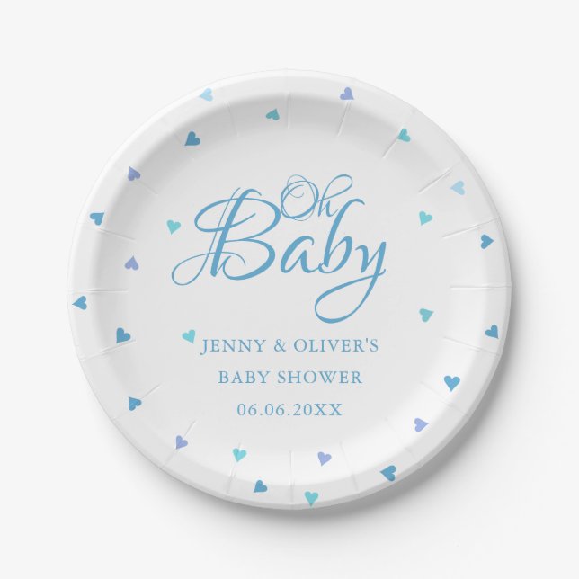 Blue Hearts Oh Baby Couples Baby Boy Shower Paper Plates (Front)