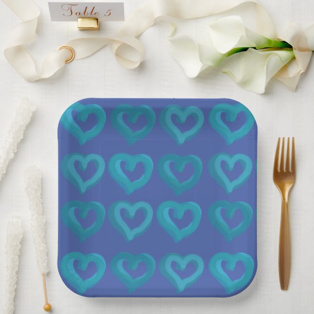 Blue Hearts on Any Background Color Paper Plates (Wedding)