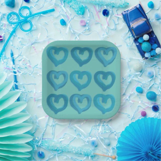 Blue Hearts on Any Background Color Paper Plates (Party)