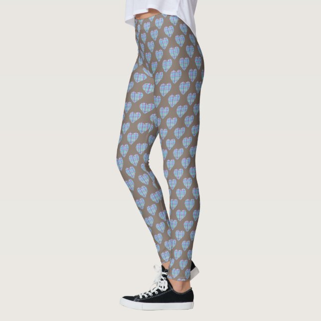 Blue hearts on chocolate brown leggings (Left)
