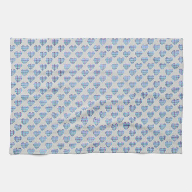 Blue hearts on pebble grey kitchen towel (Horizontal)