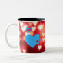 Blue Hearts On Red Love Background Two-Tone Coffee Mug