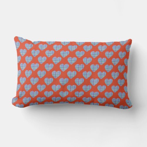 Blue hearts on red lumbar pillow