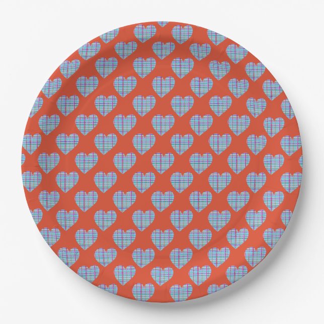 Blue hearts on red paper plates (Front)