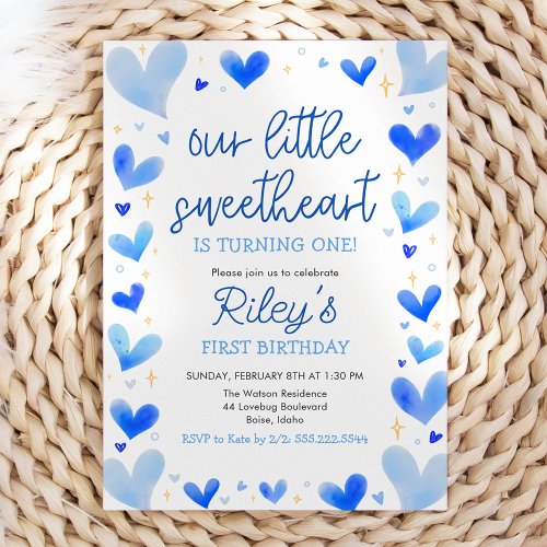 Blue Hearts Our Little Sweetheart Birthday Invitation