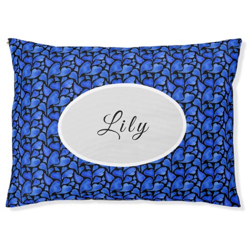 Blue Hearts Pattern on Black Personalized Pet Bed