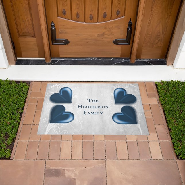 Blue Hearts Personalized Doormat (Outdoor)