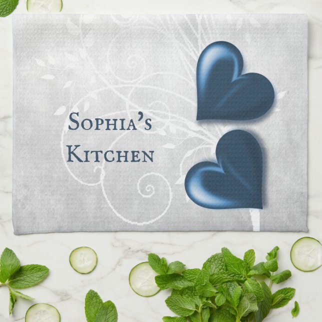 Blue Hearts Personalized Kitchen Towel (Folded)