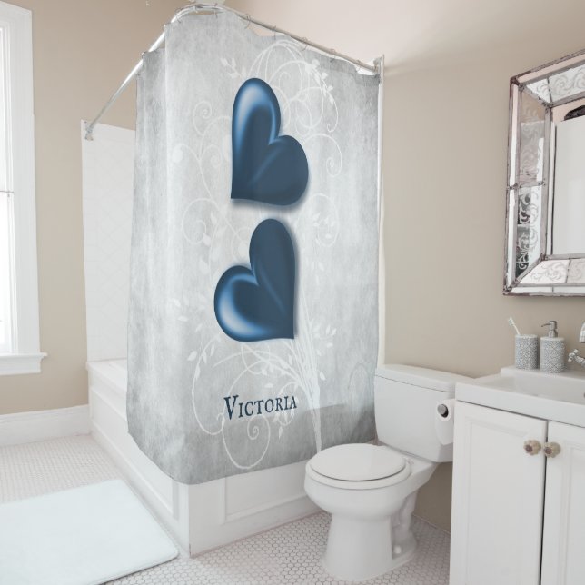 Blue Hearts Personalized Shower Curtain (In Situ)