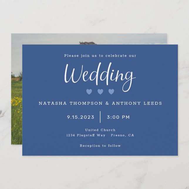 Blue Hearts Photo Wedding Invitation (Front/Back)