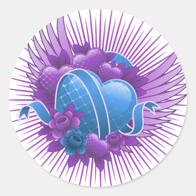 Blue Hearts Roses and Wings Classic Round Sticker (Front)