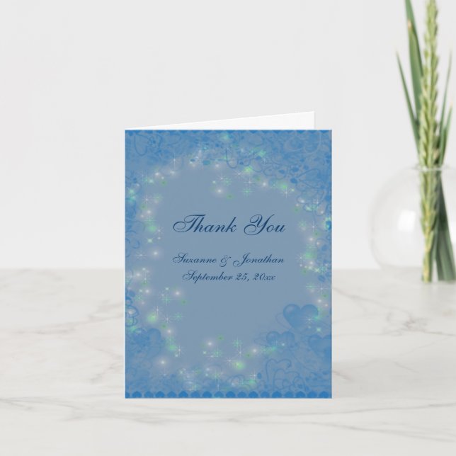 Blue Hearts Sparkly Lights Personalized Wedding  Thank You Card (Front)