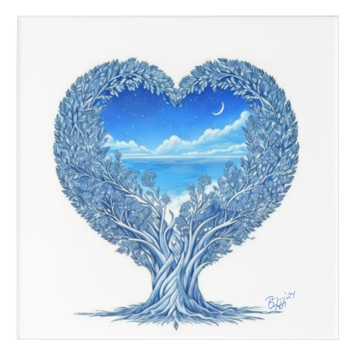 Blue Hearts Tree w Moon Acrylic Print
