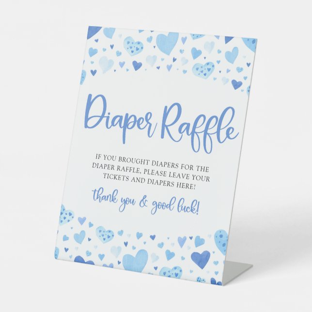 Blue Hearts Valentine Baby Shower Diaper Raffle Pedestal Sign (Front)