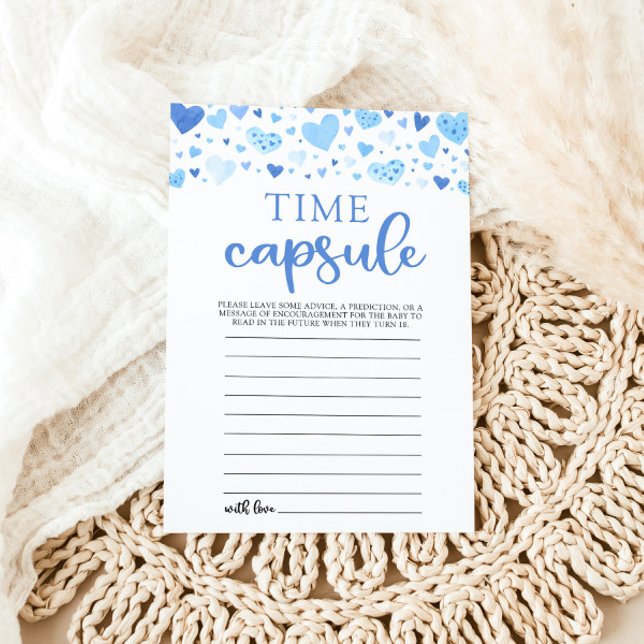 Blue Hearts Valentine Baby Shower Time Capsule Invitation (Watercolor Blue Hearts Valentine Sweetheart Heartbreaker February Boy Time Capsule Baby Shower Game)