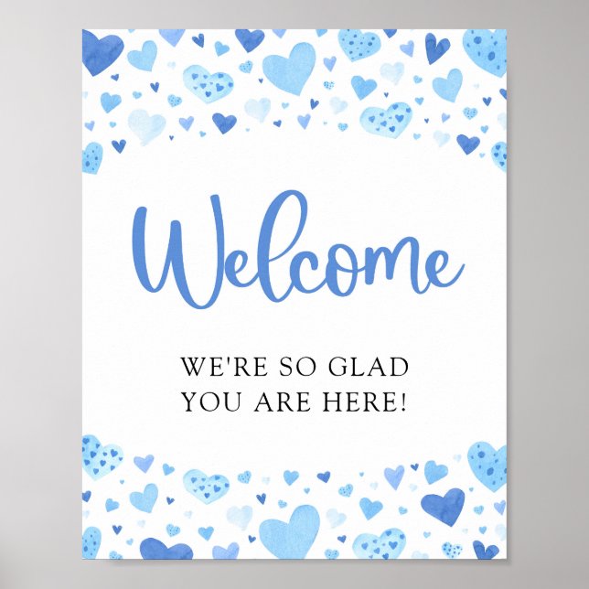 Blue Hearts Valentine Baby Shower Welcome Sign  (Front)