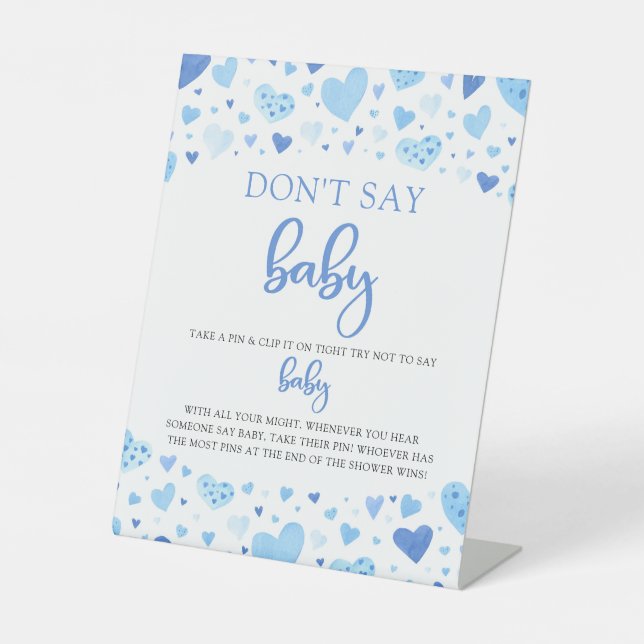 Blue Hearts Valentine Don't Say Baby Shower Game Pedestal Sign (Front)
