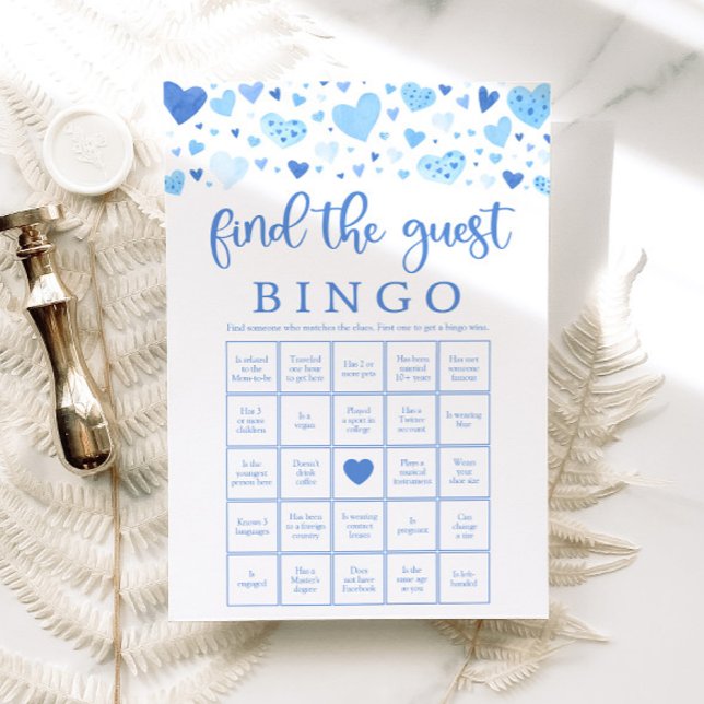 Blue Hearts Valentine Find the Guest Bingo Game Invitation (Watercolor Cute Blue Hearts Valentine Sweetheart February Boy Find the Guest Bingo Baby Shower Game)