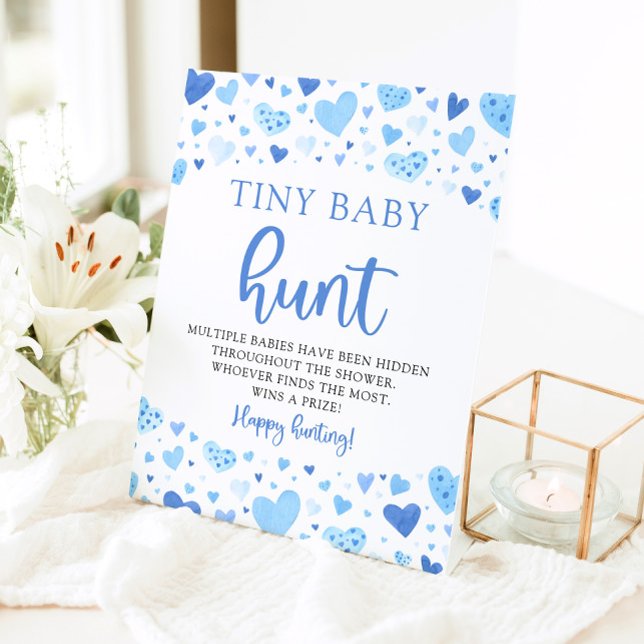 Blue Hearts Valentine Tiny Baby Hunt Shower Game Pedestal Sign (Creator Uploaded)