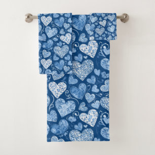 Blue Hearts Watercolor Hand Drawn Bath Towel Set