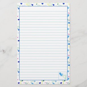 Blue Hearts Watercolor Lined Letter Writing Paper