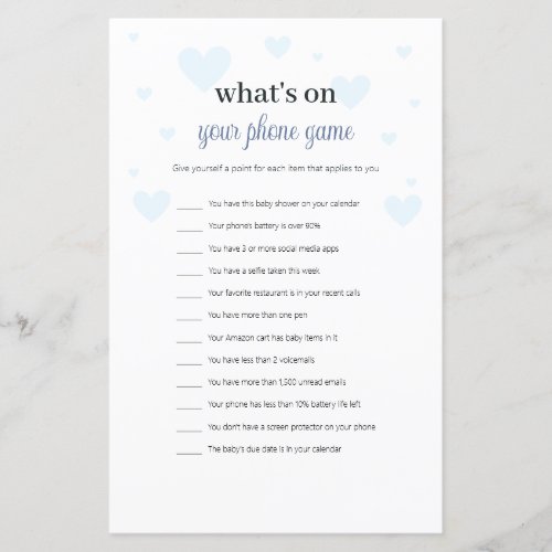 Blue Hearts Whats on Your Phone Baby Shower Game