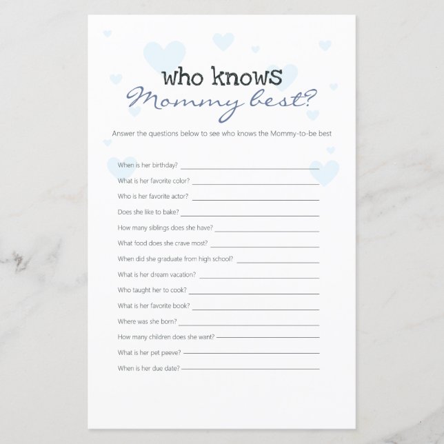 Blue Hearts Who Knows Mommy Best Baby Shower Game (Front)