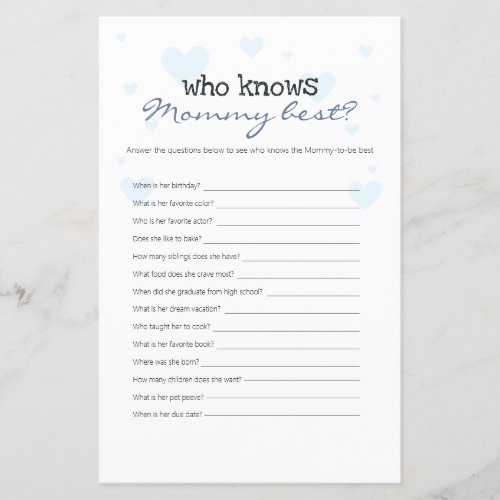 Blue Hearts Who Knows Mommy Best Baby Shower Game