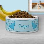 Blue Hearts With Custom Pet Name Bowl<br><div class="desc">Destei's illustration of lovely blue color hearts in different sizes. The background color is light blue and the top and bottom have a thin blue border. There is also a personalizable text area for a name or other custom text.</div>