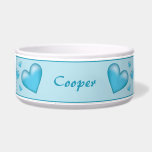 Blue Hearts With Custom Pet Name Bowl<br><div class="desc">Destei's illustration of lovely blue color hearts in different sizes. The background color is light blue and the top and bottom have a thin blue border. There is also a personalizable text area for a name or other custom text.</div>