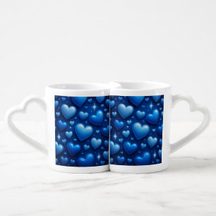Blue Hearts with Stars Pattern Coffee Mug Set