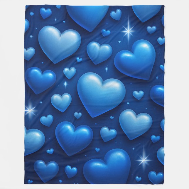 Blue Hearts with Stars Pattern Fleece Blanket (Front)
