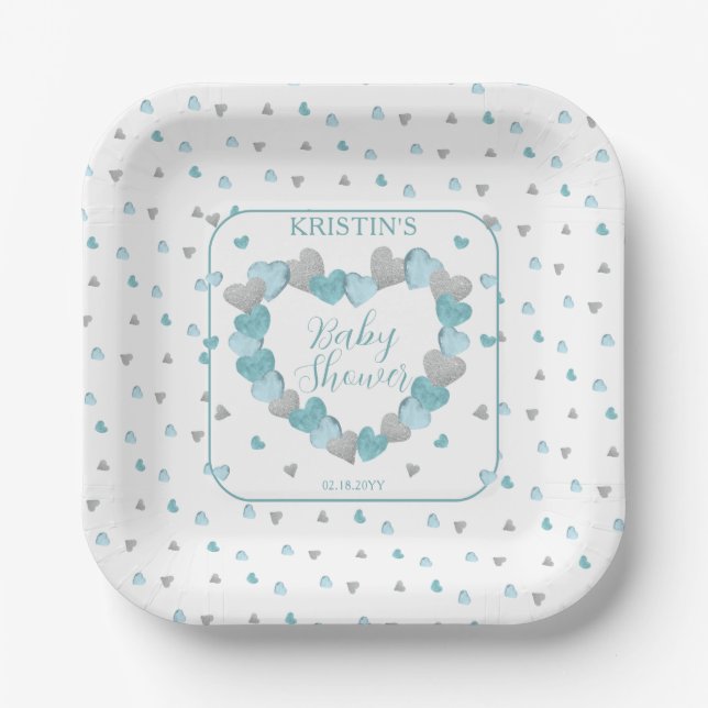 Blue Hearts Wreath A Little Sweetheart Baby Shower Paper Plates (Front)